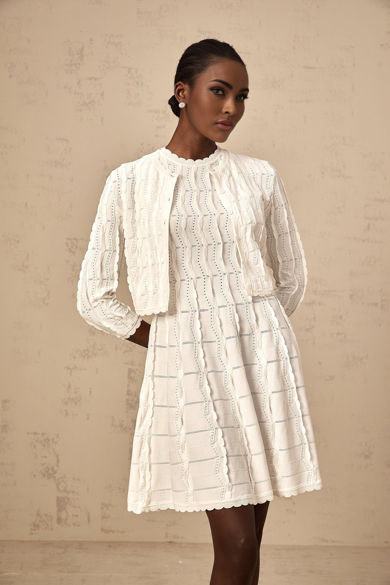 Angela Knitted Cardigan - Crew Neck - Long Sleeves - Ruffled Detailing - Scallop Hem