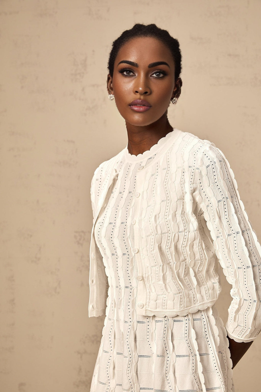 Angela Knitted Cardigan - Crew Neck - Long Sleeves - Ruffled Detailing - Scallop Hem