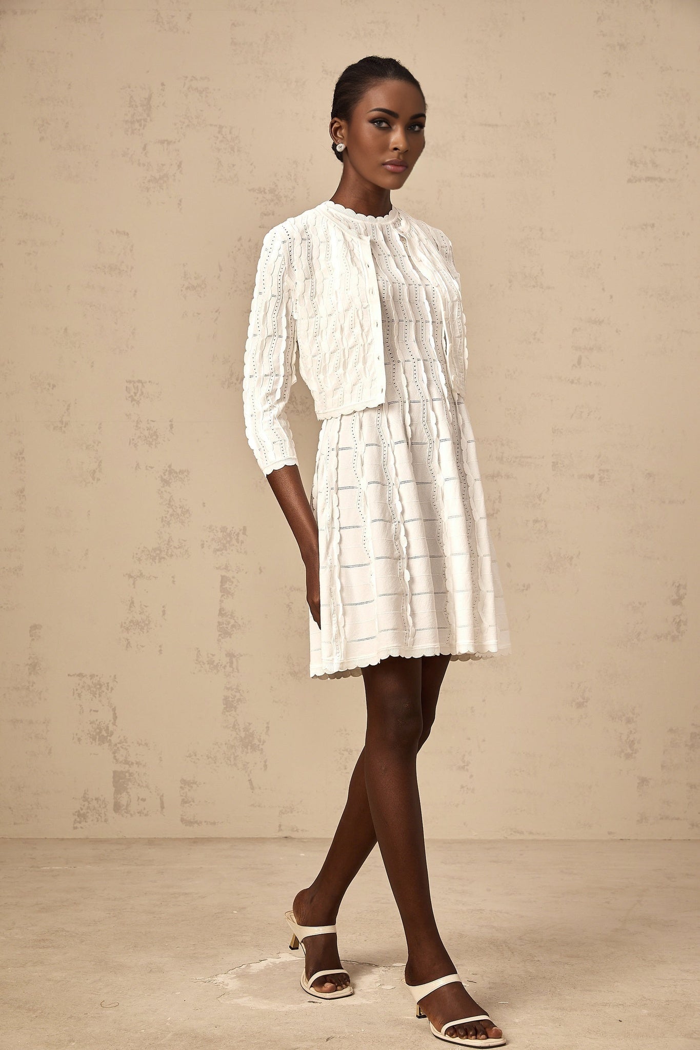 Angela Knitted Cardigan - Crew Neck - Long Sleeves - Ruffled Detailing - Scallop Hem