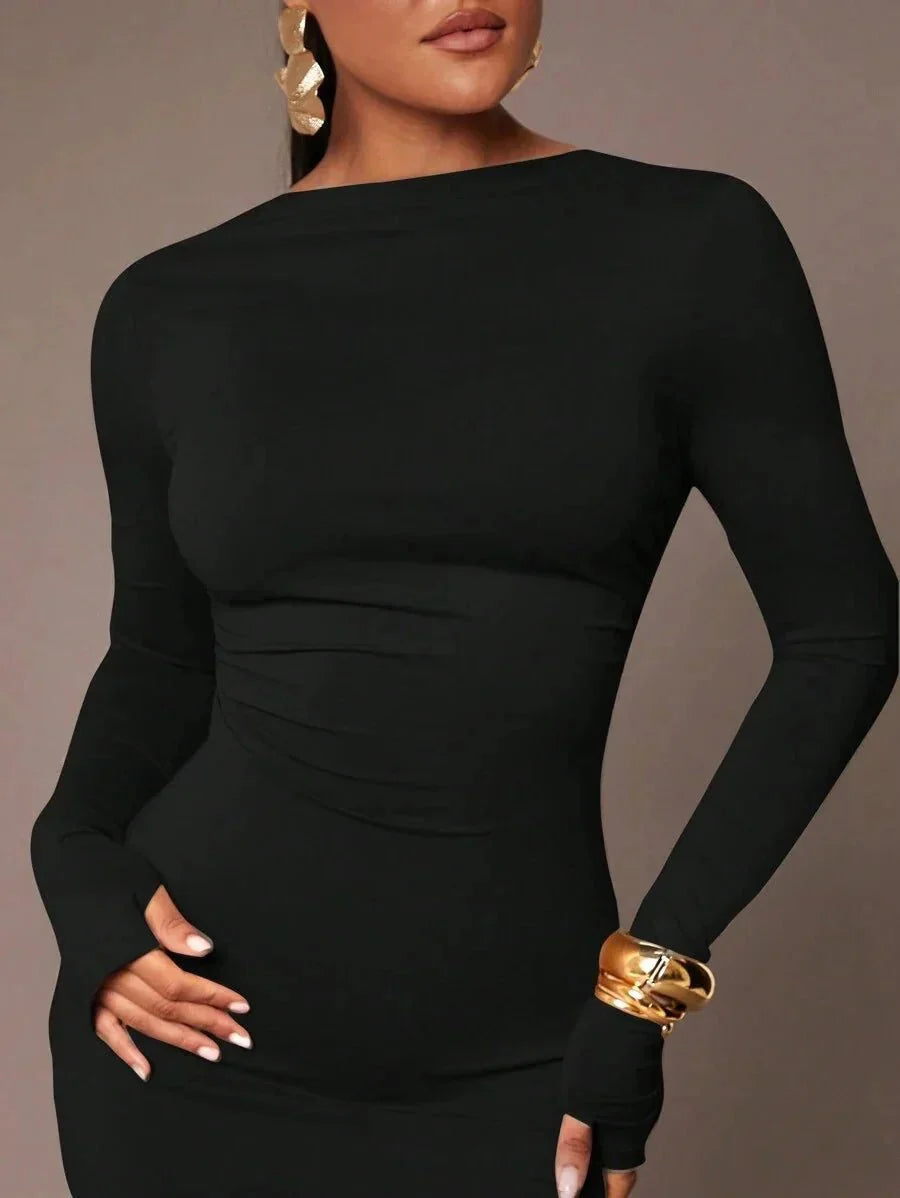 Angela Maxi Dress - Refined Style - Slim Fit Type - High Stretch Fabric Elasticity - Long Sleeve Length - Backless - Boat Neckline