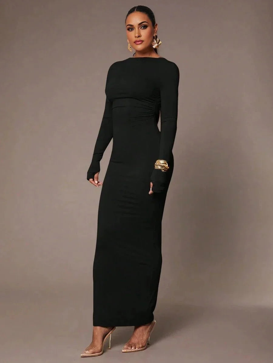 Angela Maxi Dress - Refined Style - Slim Fit Type - High Stretch Fabric Elasticity - Long Sleeve Length - Backless - Boat Neckline