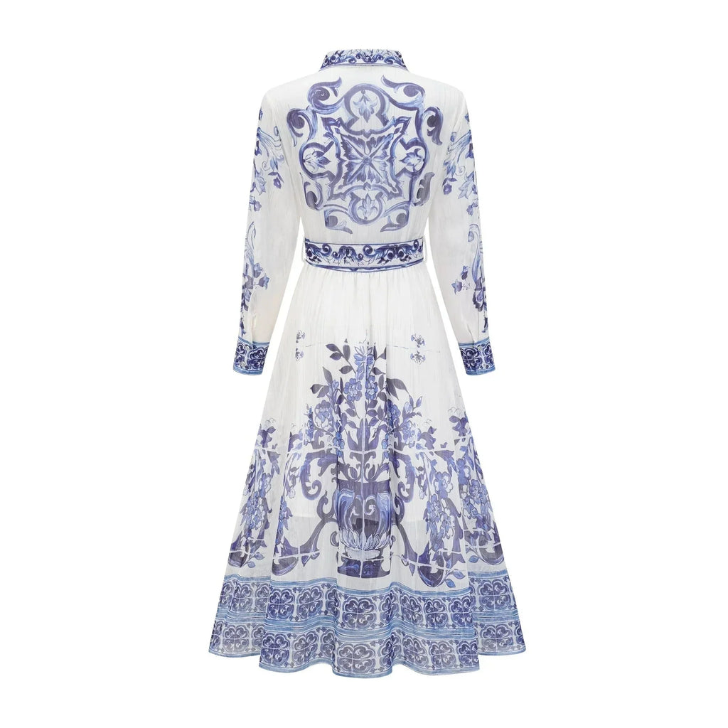 Angela Midi Dress - Long Sleeve Tulle Design - Pattern - Cinched Waist