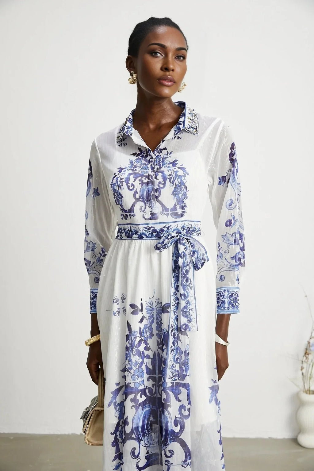 Angela Midi Dress - Long Sleeve Tulle Design - Pattern - Cinched Waist