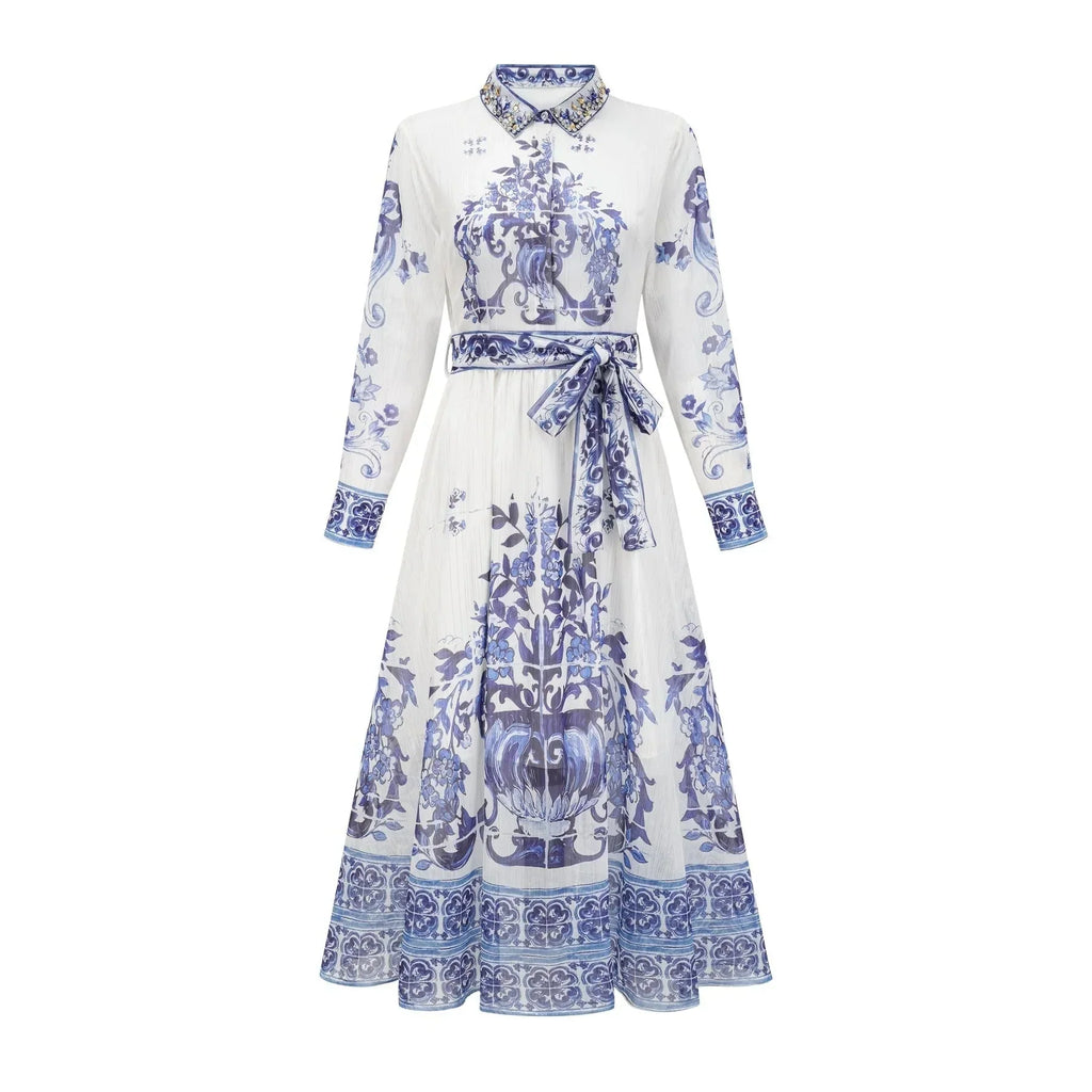 Angela Midi Dress - Long Sleeve Tulle Design - Pattern - Cinched Waist