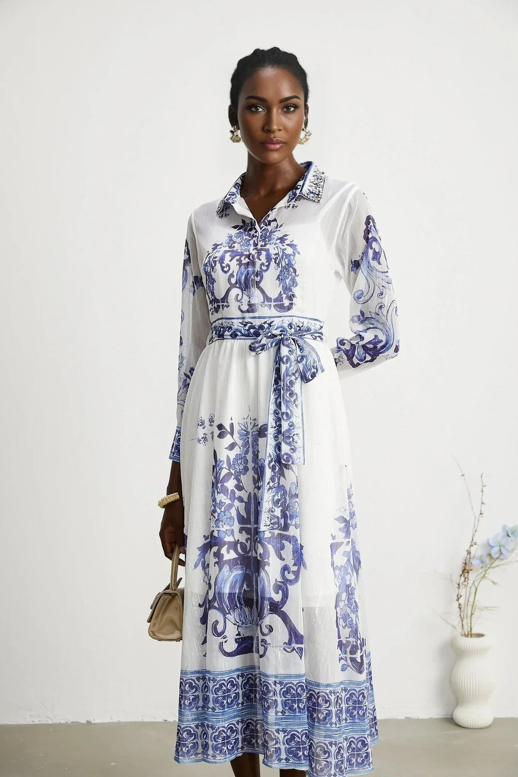 Angela Midi Dress - Long Sleeve Tulle Design - Pattern - Cinched Waist