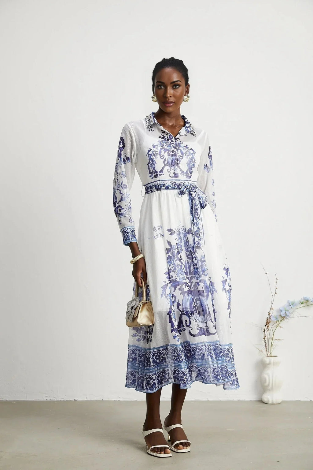 Angela Midi Dress - Long Sleeve Tulle Design - Pattern - Cinched Waist