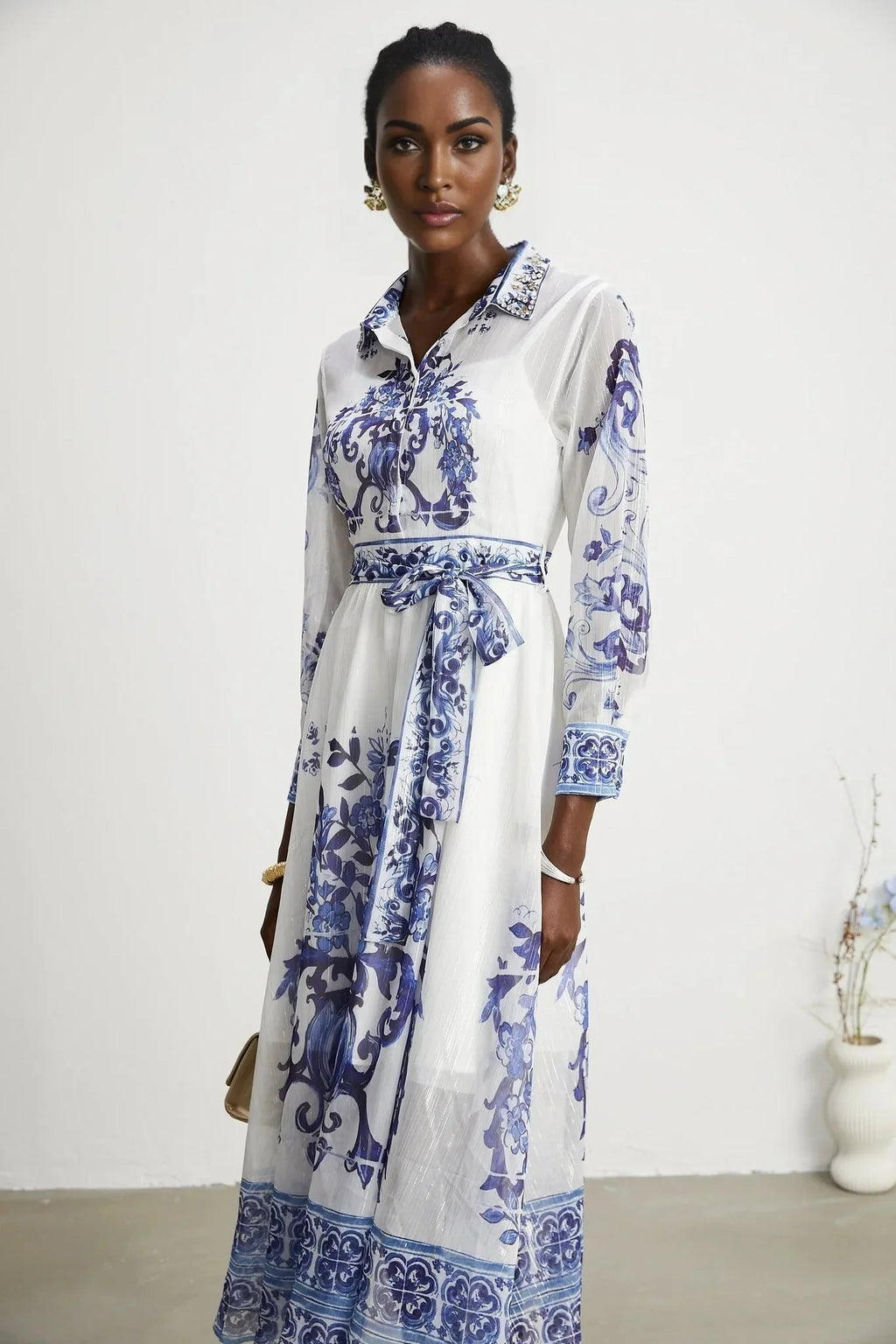 Angela Midi Dress - Long Sleeve Tulle Design - Pattern - Cinched Waist