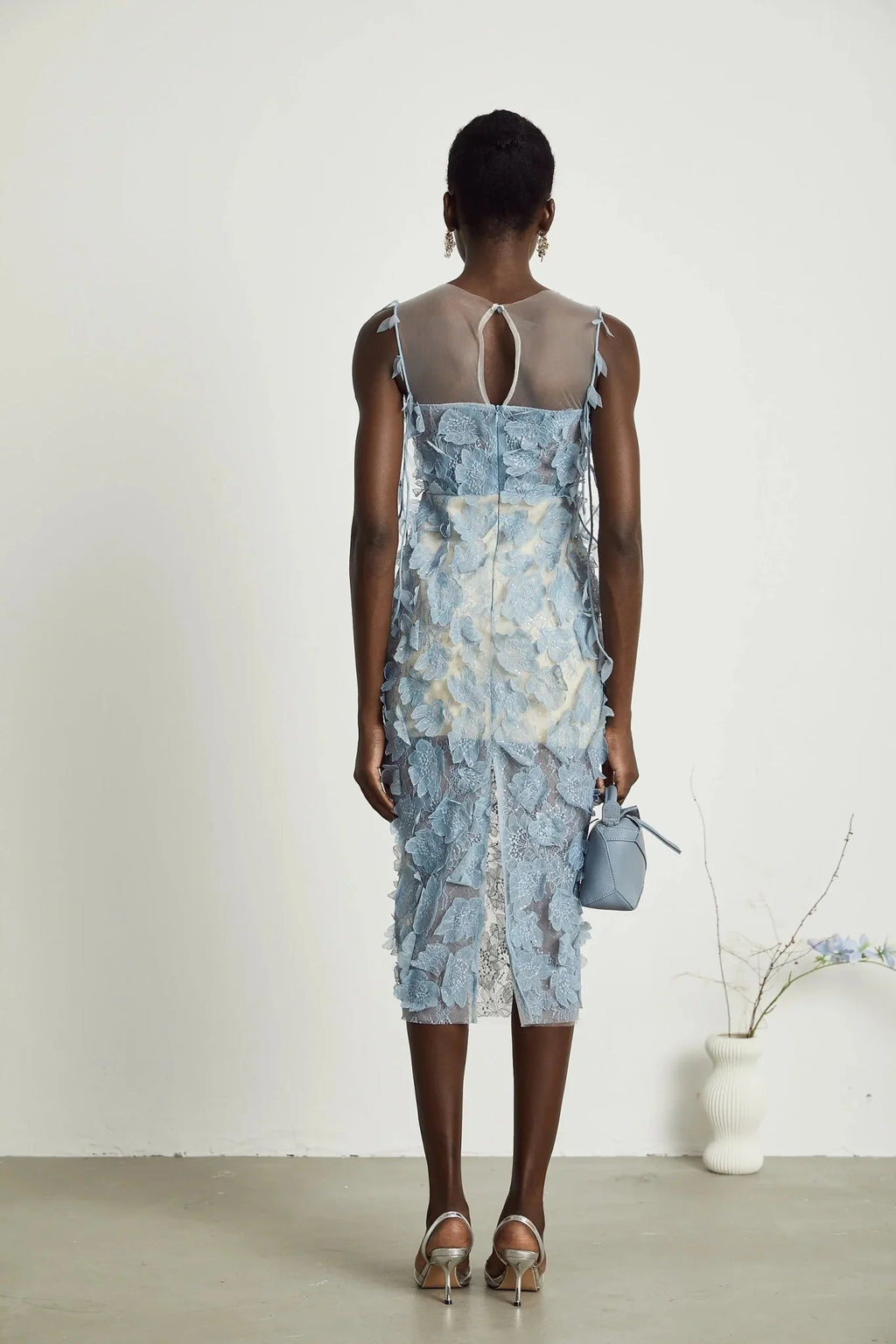 Angela Midi Dress - Sleeveless - Lace Overlay - Faux - Flower and Sequin Detailing - Semi - Sheer Construction