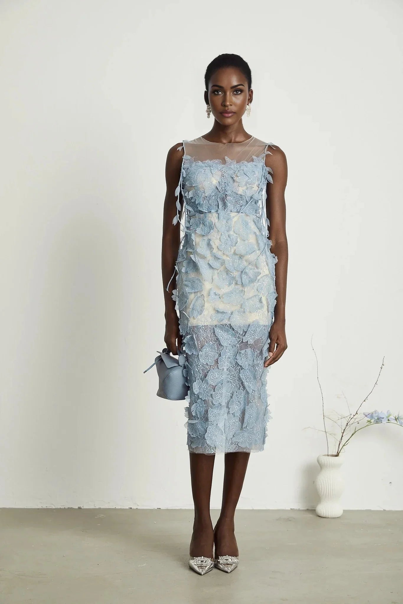 Angela Midi Dress - Sleeveless - Lace Overlay - Faux - Flower and Sequin Detailing - Semi - Sheer Construction