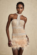 Angela Mini Dress – Halterneck – Feather - trimmed – Crystal Embellishment