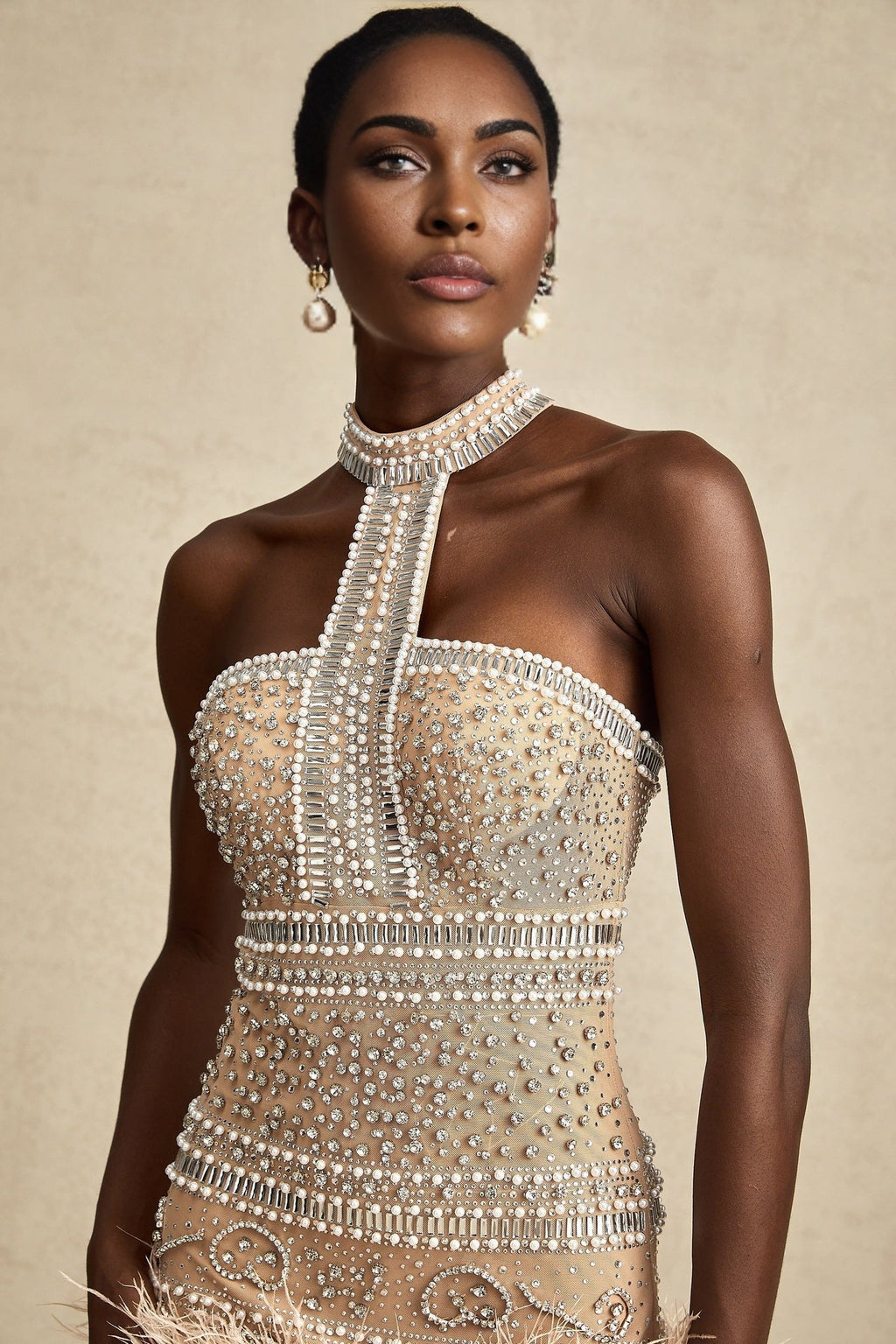 Angela Mini Dress – Halterneck – Feather - trimmed – Crystal Embellishment