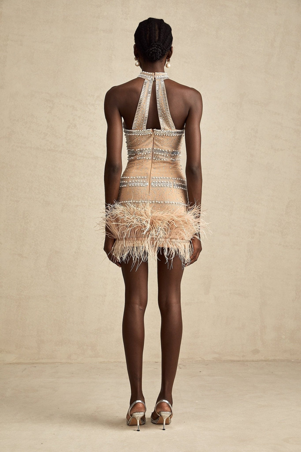 Angela Mini Dress – Halterneck – Feather - trimmed – Crystal Embellishment
