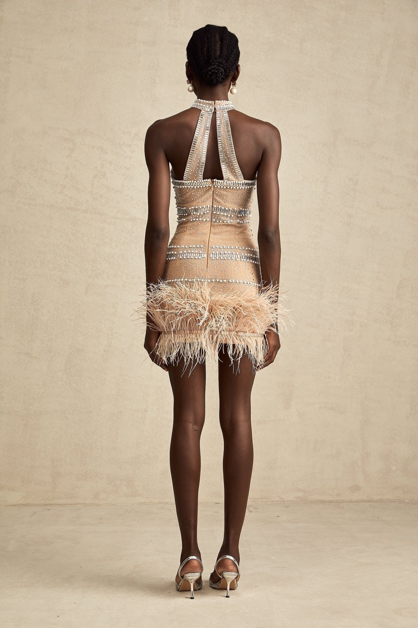 Angela Mini Dress – Halterneck – Feather - trimmed – Crystal Embellishment