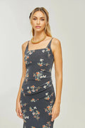 Angelica Floral Midi Dress - Delicate Spaghetti Straps - Square Neckline - Low - Cut Back - Chic Rear Slit Detail
