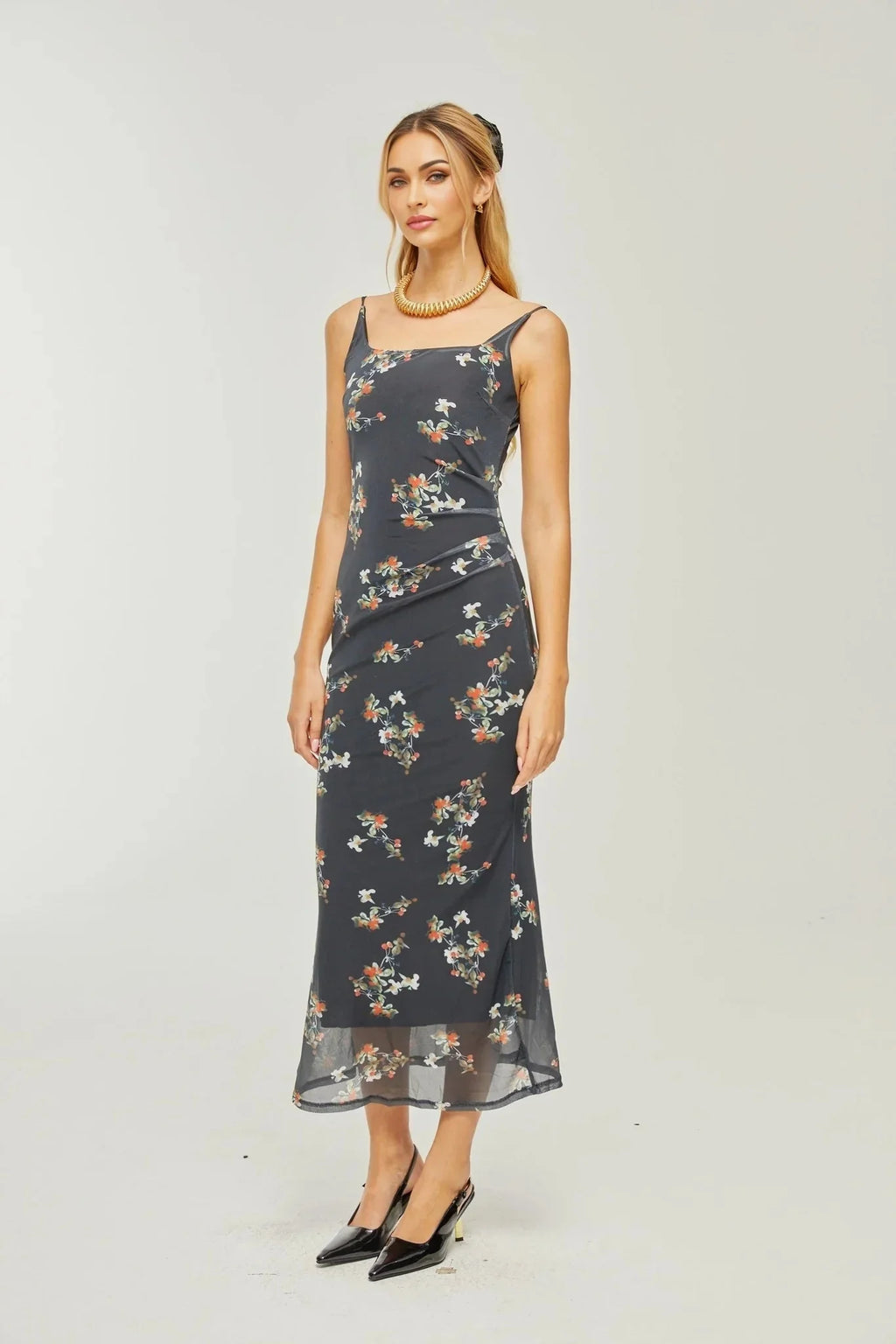 Angelica Floral Midi Dress - Delicate Spaghetti Straps - Square Neckline - Low - Cut Back - Chic Rear Slit Detail