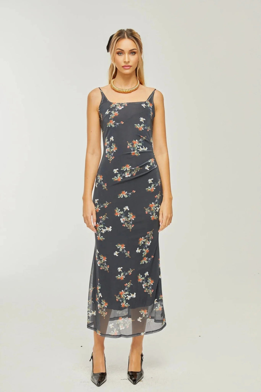 Angelica Floral Midi Dress - Delicate Spaghetti Straps - Square Neckline - Low - Cut Back - Chic Rear Slit Detail