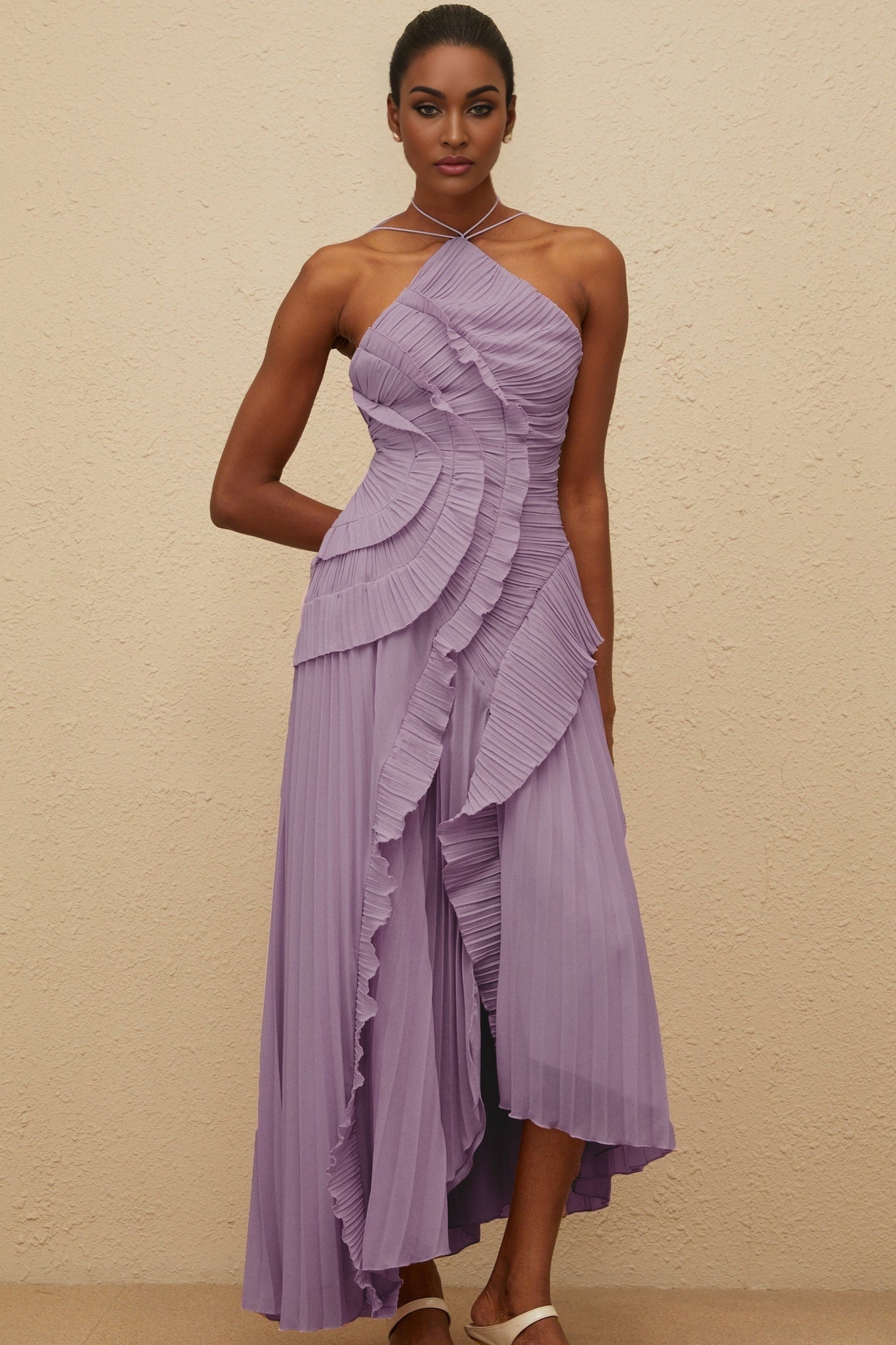 Angelica Midi Dress - Halterneck - Sleeveless - Fully - Pleated - Ruffled Trim - Asymmetrical Design