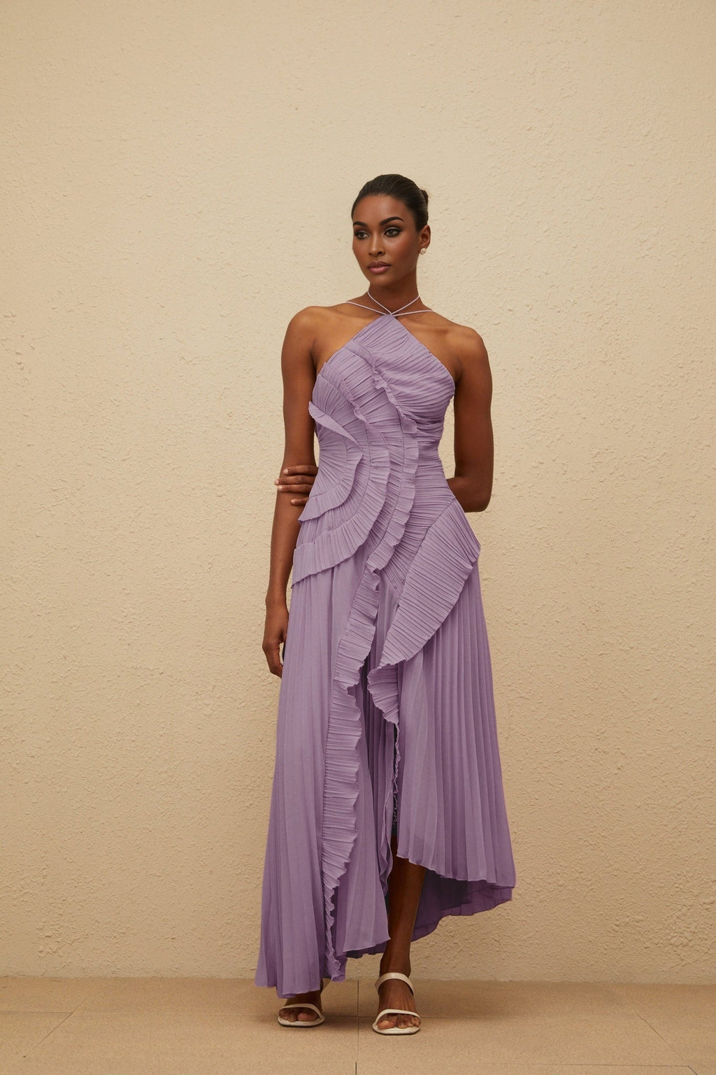 Angelica Midi Dress - Halterneck - Sleeveless - Fully - Pleated - Ruffled Trim - Asymmetrical Design