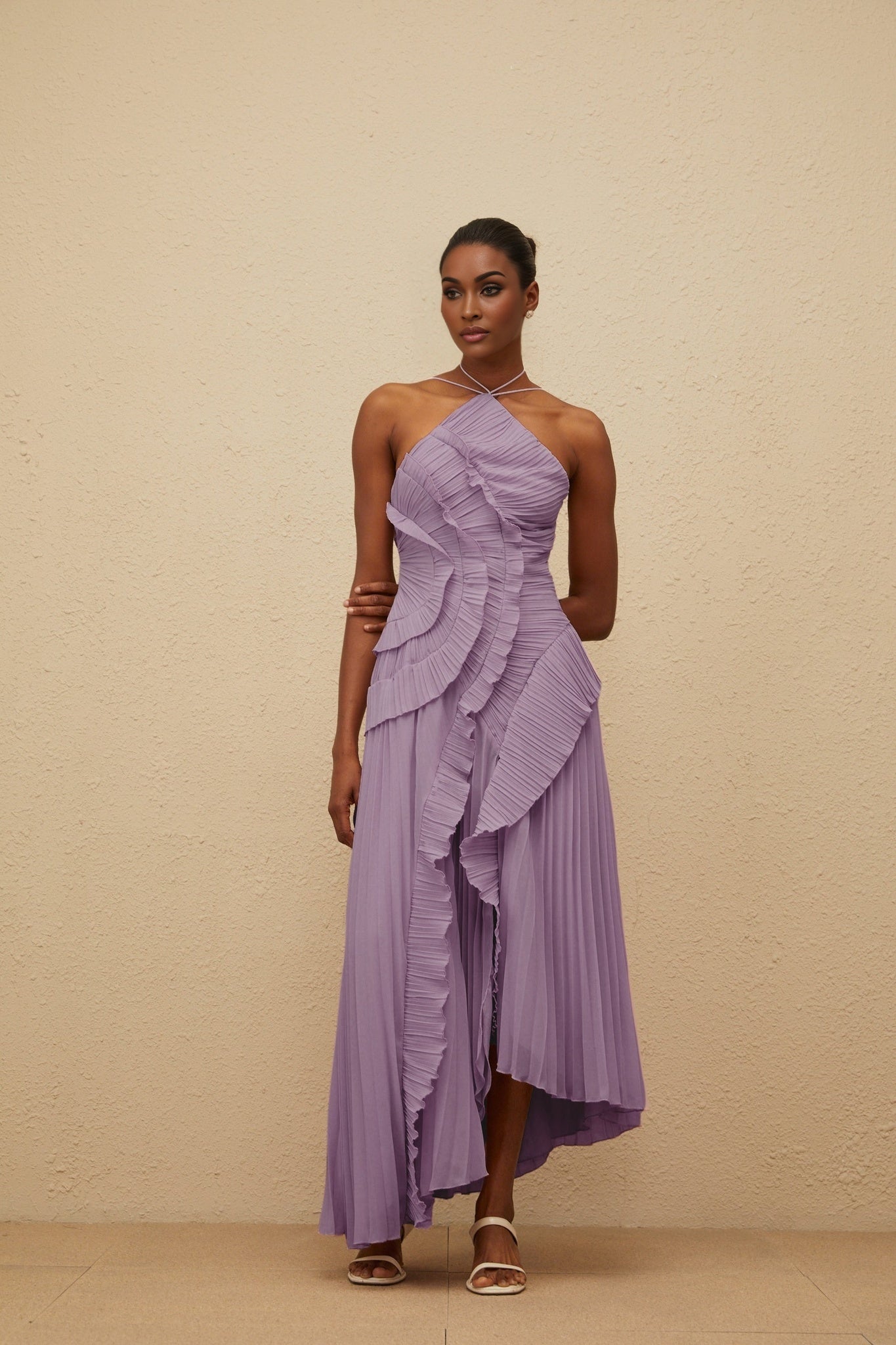 Angelica Midi Dress - Halterneck - Sleeveless - Fully - Pleated - Ruffled Trim - Asymmetrical Design