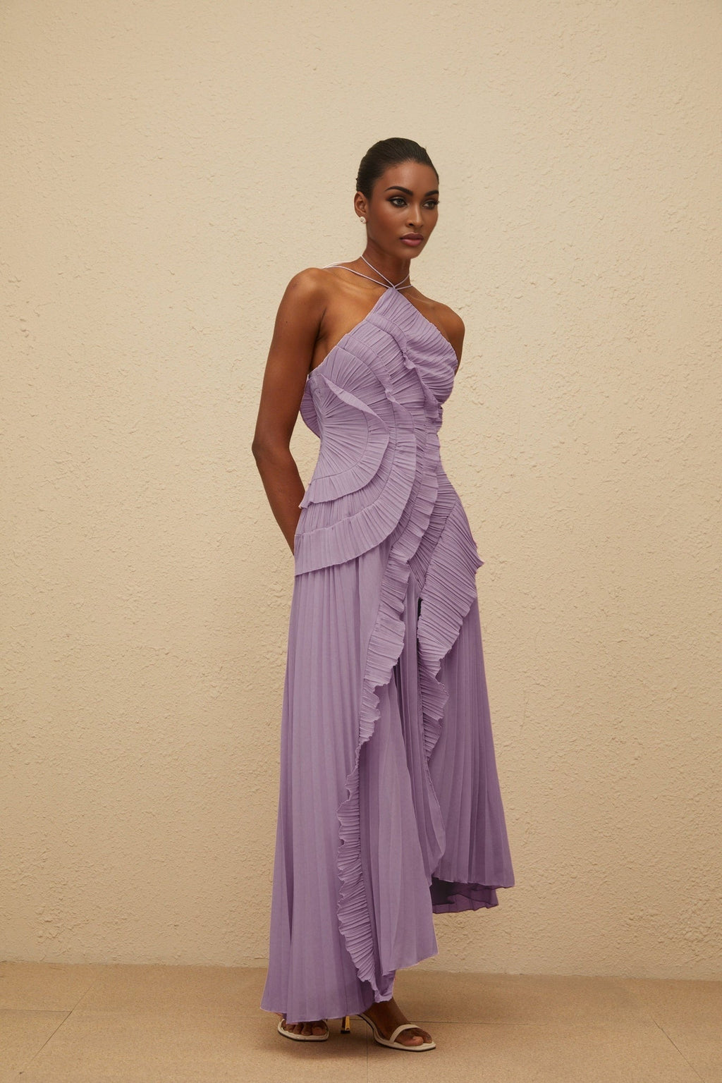 Angelica Midi Dress - Halterneck - Sleeveless - Fully - Pleated - Ruffled Trim - Asymmetrical Design