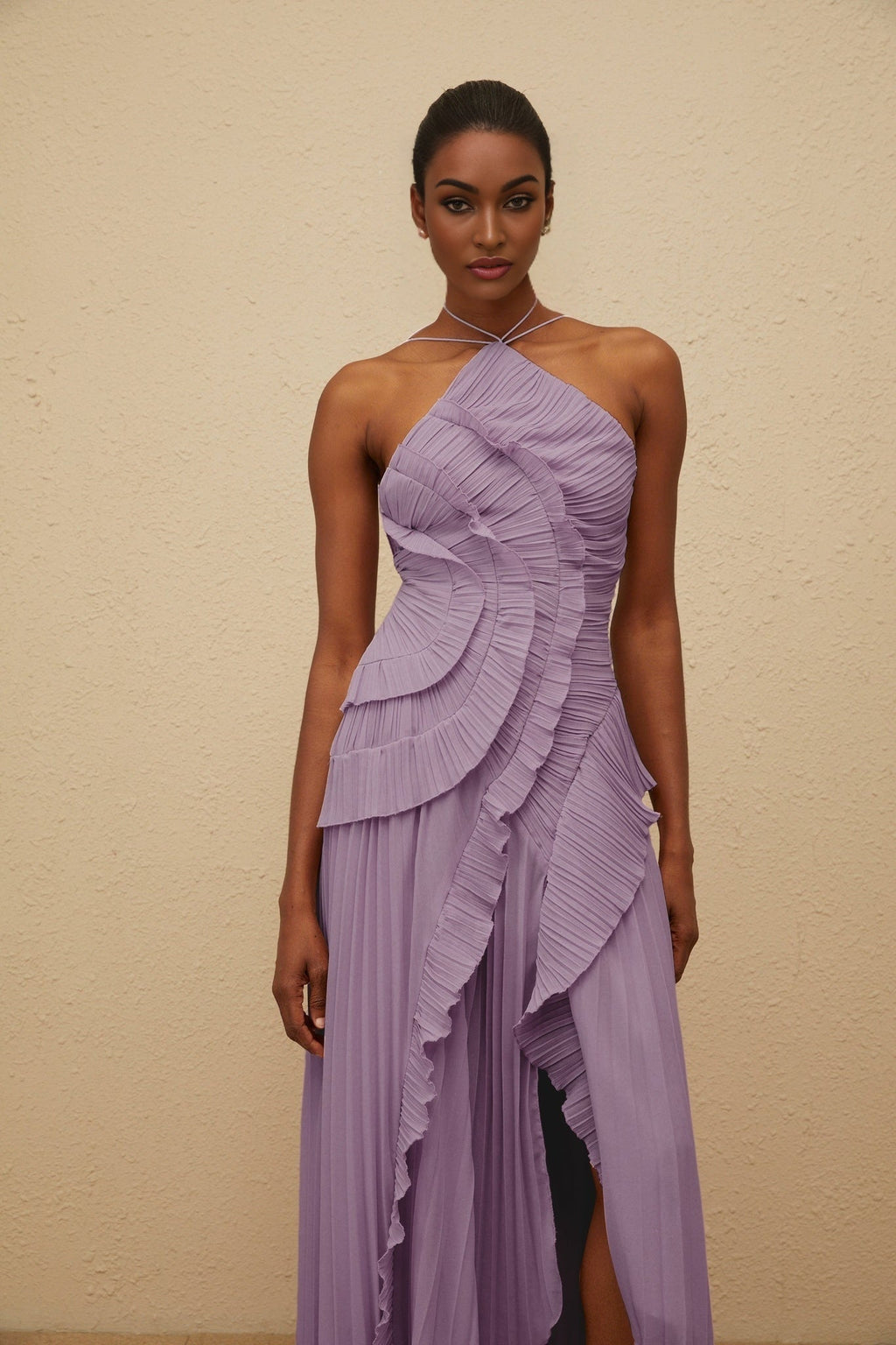 Angelica Midi Dress - Halterneck - Sleeveless - Fully - Pleated - Ruffled Trim - Asymmetrical Design