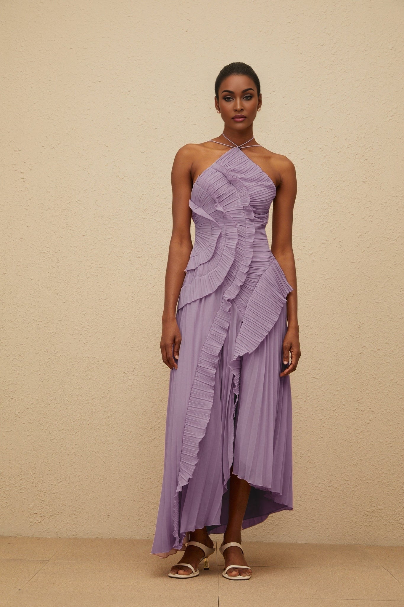 Angelica Midi Dress - Halterneck - Sleeveless - Fully - Pleated - Ruffled Trim - Asymmetrical Design