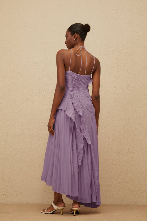 Angelica Midi Dress - Halterneck - Sleeveless - Fully - Pleated - Ruffled Trim - Asymmetrical Design