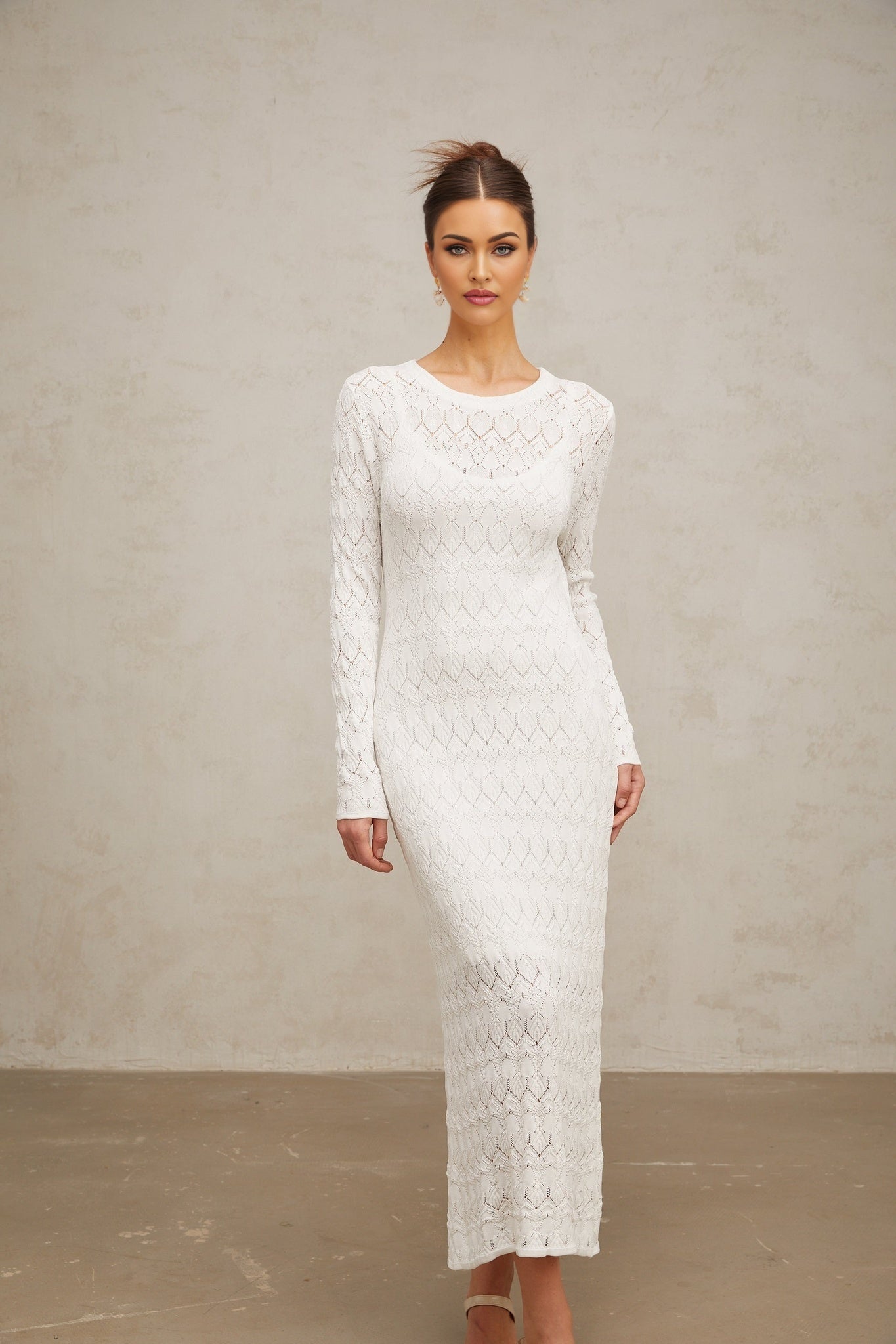 Angelica Midi Dress - Round Neck - Long Sleeves - Crochet Knit - Rear Slit