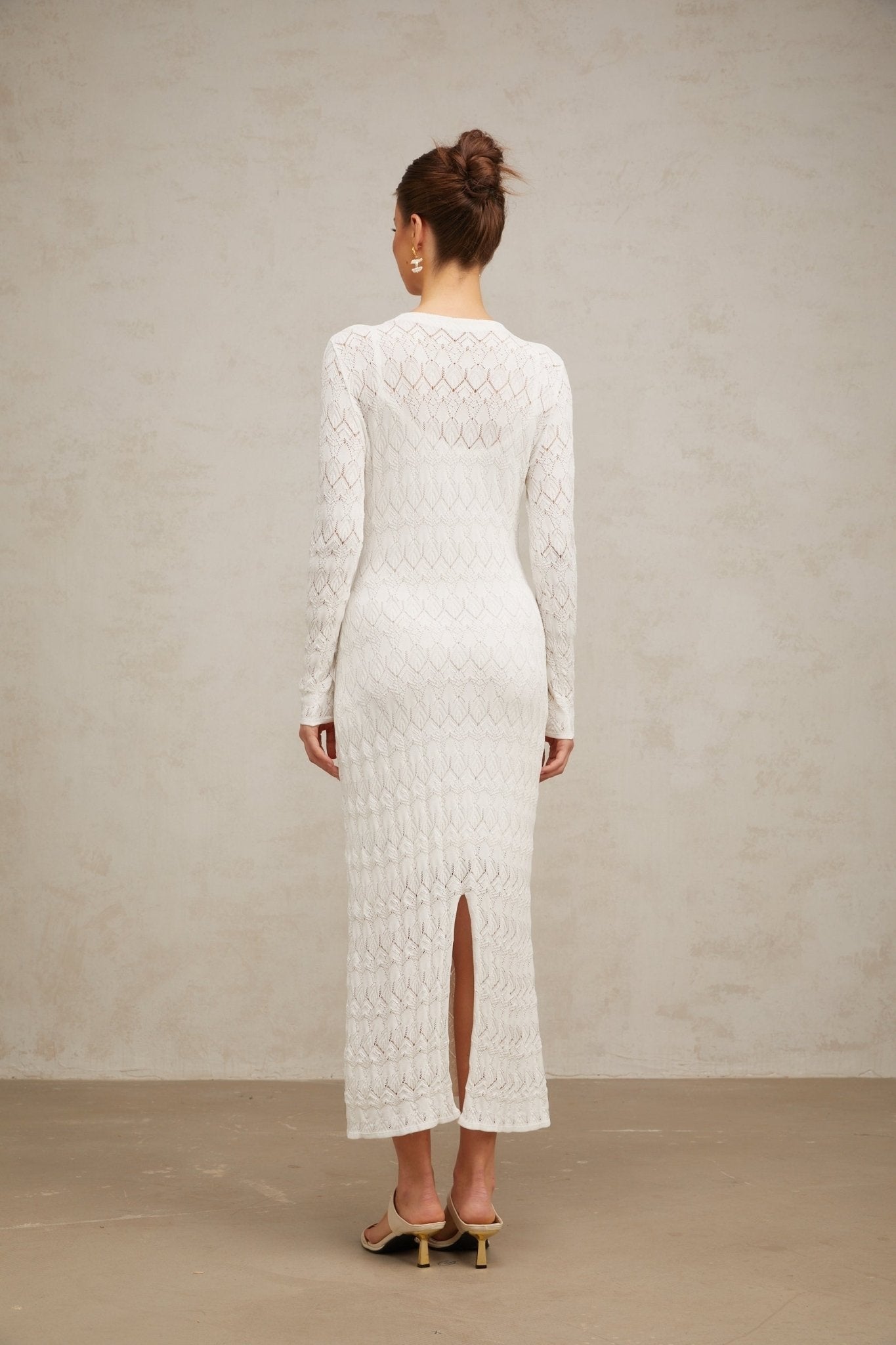 Angelica Midi Dress - Round Neck - Long Sleeves - Crochet Knit - Rear Slit