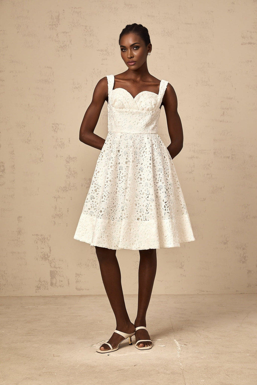 Angelica Midi Dress - Sleeveless Sweetheart Neck - Cinched Waist - Floral Lace Overlay - Flared Hem