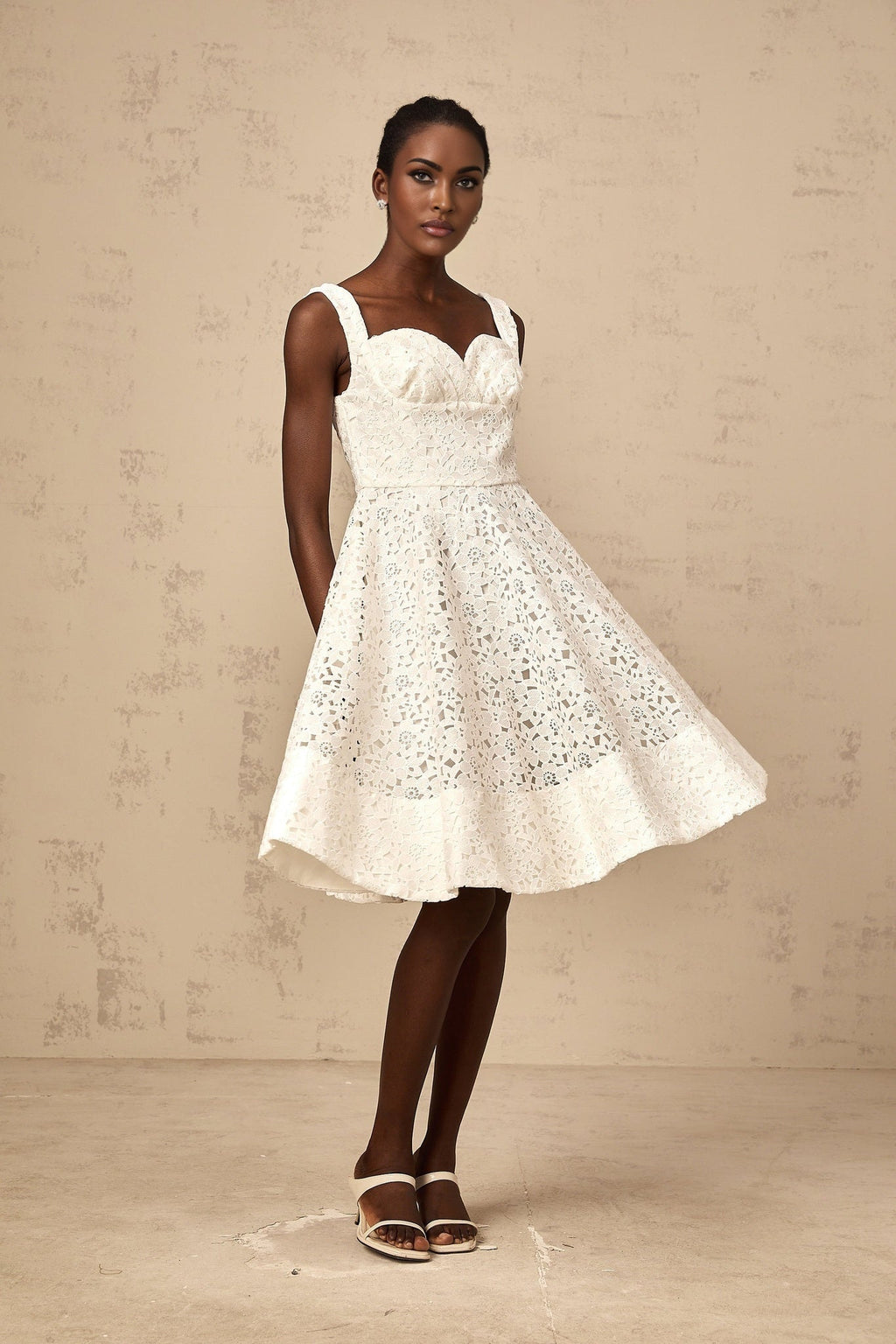 Angelica Midi Dress - Sleeveless Sweetheart Neck - Cinched Waist - Floral Lace Overlay - Flared Hem