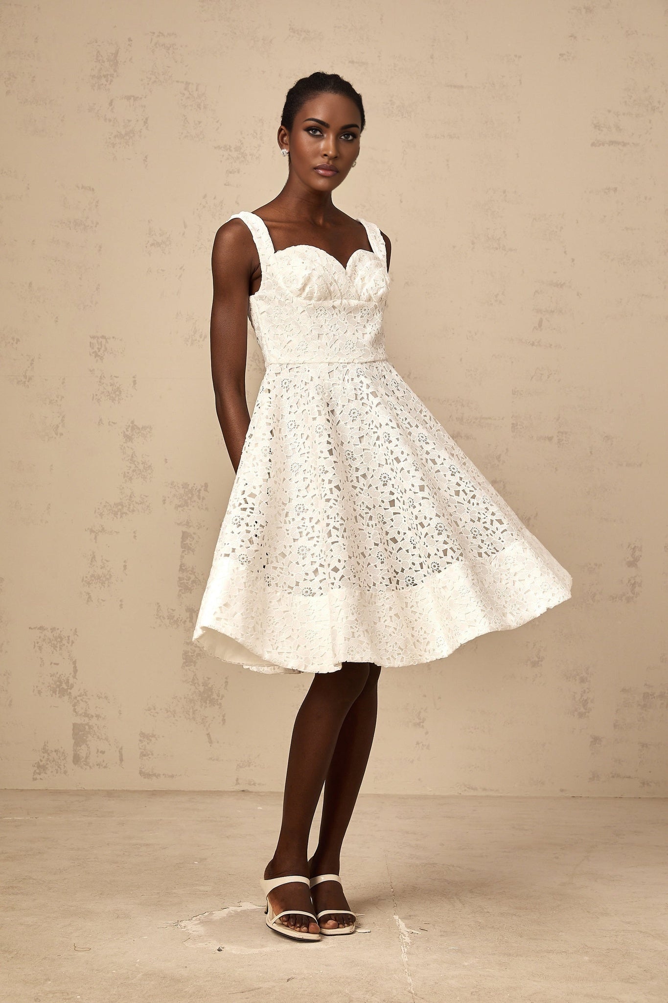 Angelica Midi Dress - Sleeveless Sweetheart Neck - Cinched Waist - Floral Lace Overlay - Flared Hem