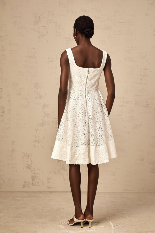 Angelica Midi Dress - Sleeveless Sweetheart Neck - Cinched Waist - Floral Lace Overlay - Flared Hem