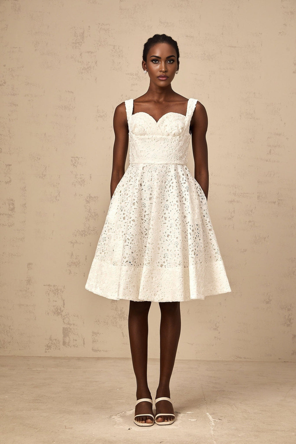 Angelica Midi Dress - Sleeveless Sweetheart Neck - Cinched Waist - Floral Lace Overlay - Flared Hem