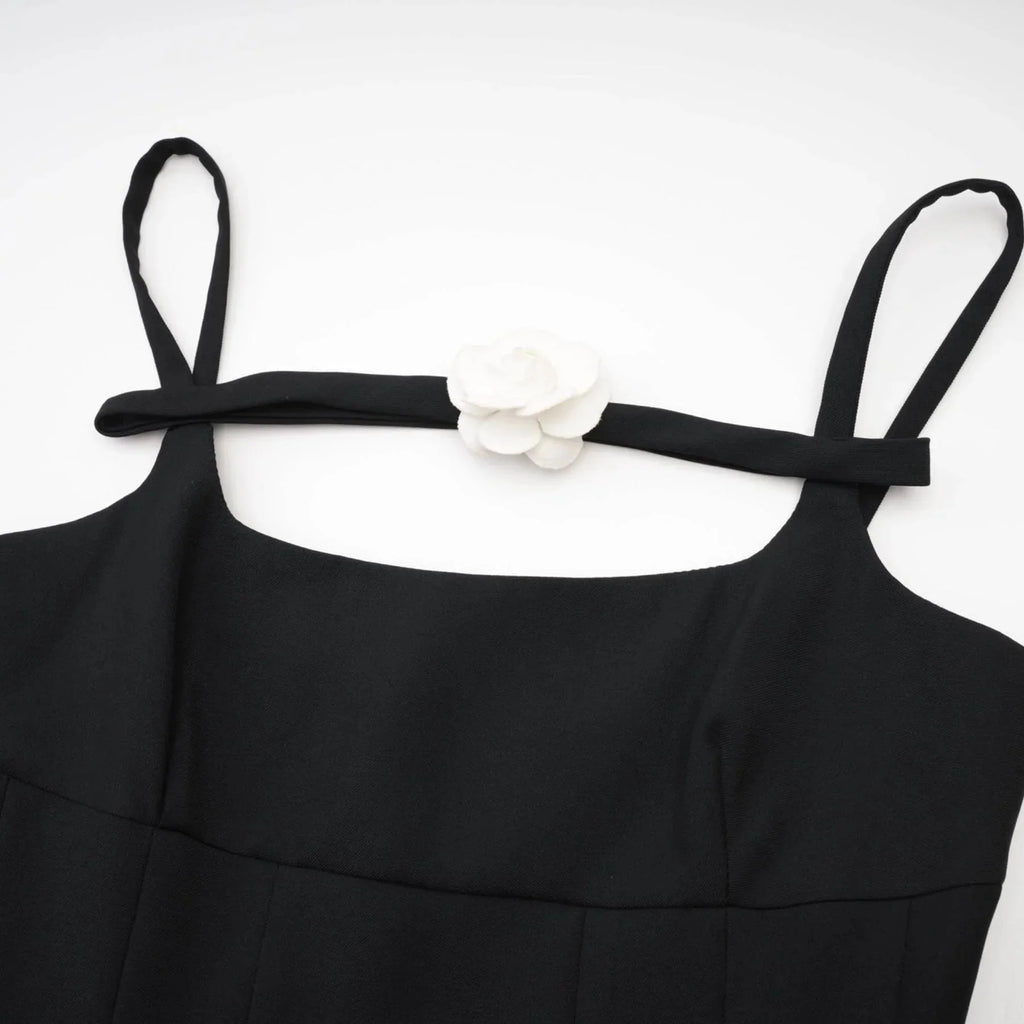 Angelica Mini Dress - Camellia Decorated Square Neckline - Open Back Design - Spaghetti Straps - Fully Pleated