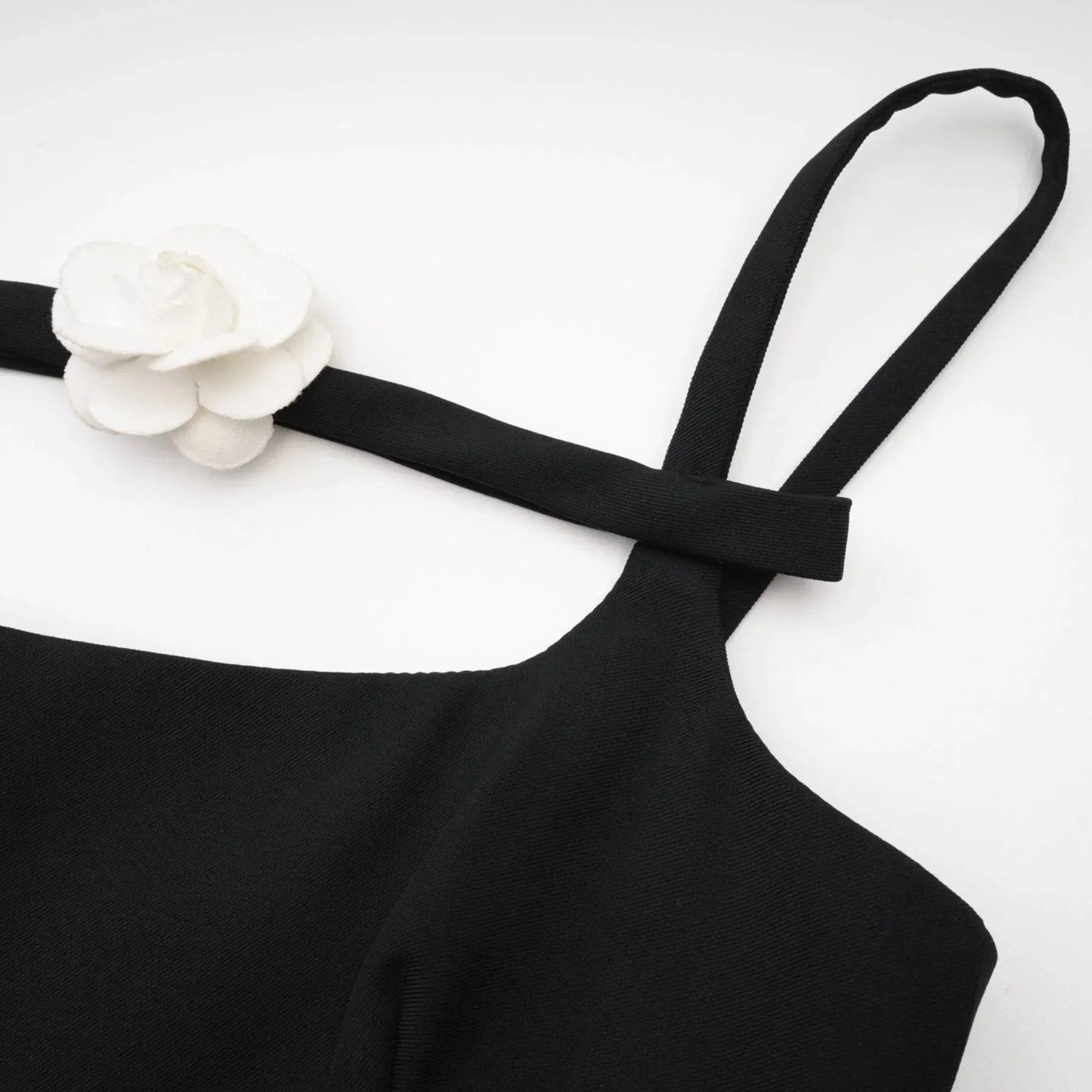 Angelica Mini Dress - Camellia Decorated Square Neckline - Open Back Design - Spaghetti Straps - Fully Pleated