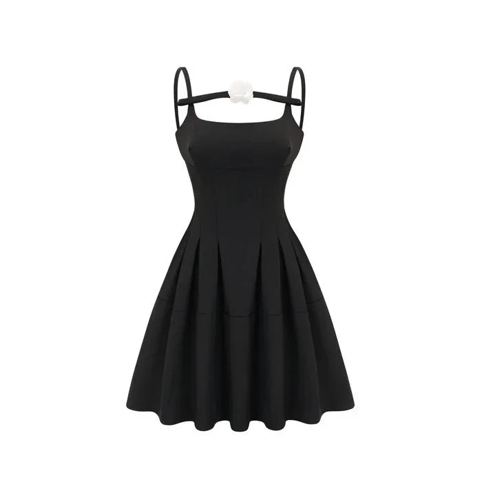 Angelica Mini Dress - Camellia Decorated Square Neckline - Open Back Design - Spaghetti Straps - Fully Pleated
