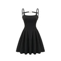Angelica Mini Dress - Camellia Decorated Square Neckline - Open Back Design - Spaghetti Straps - Fully Pleated