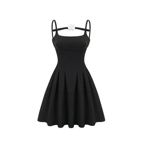 Angelica Mini Dress - Camellia Decorated Square Neckline - Open Back Design - Spaghetti Straps - Fully Pleated