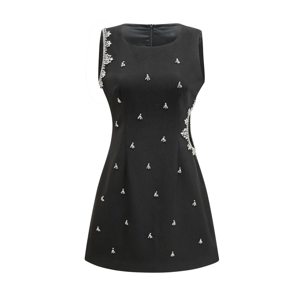 Angelina Dress - Sleeveless - Round Neck - Cut - Out Crystal Embellished Zip Thigh - Length