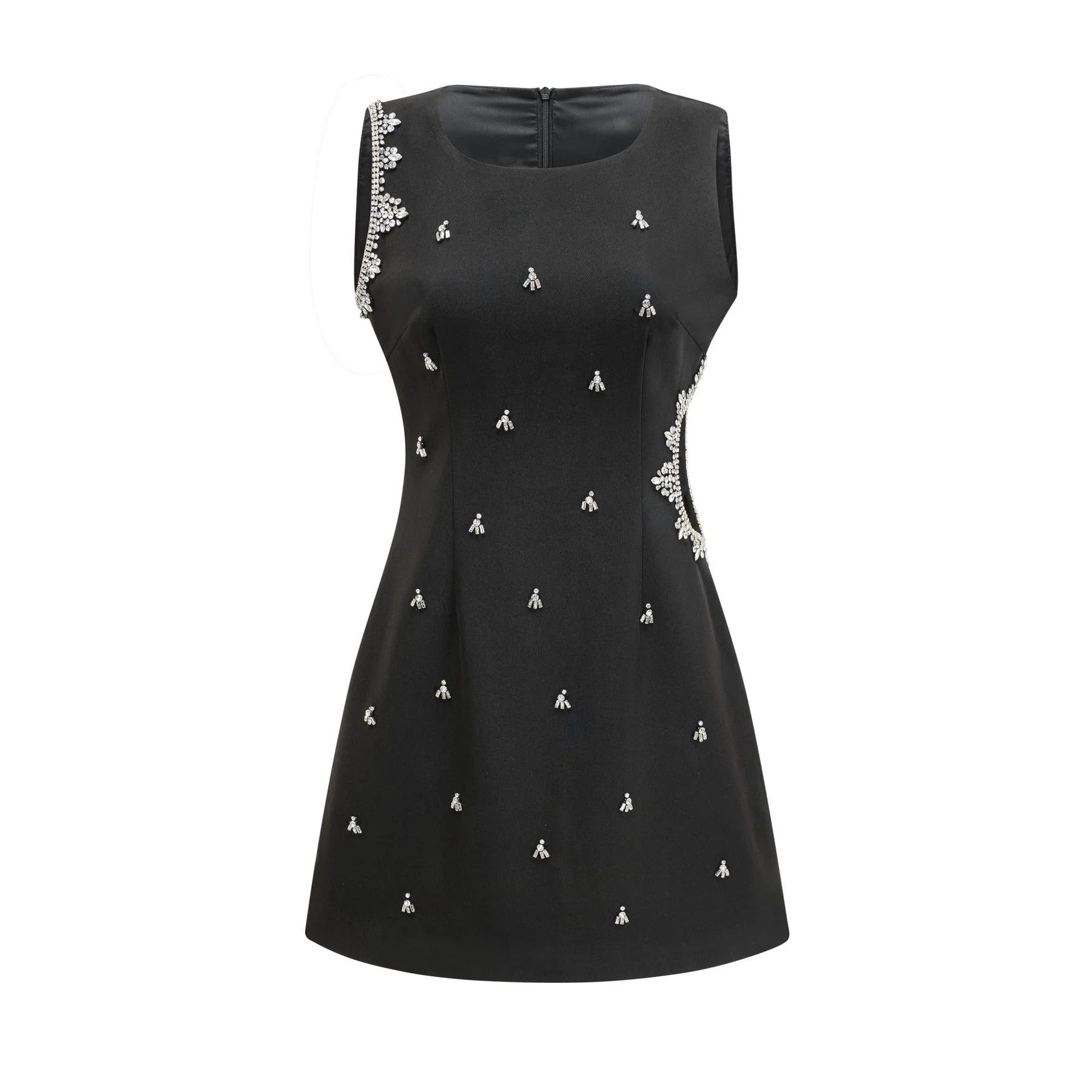 Angelina Dress - Sleeveless - Round Neck - Cut - Out Crystal Embellished Zip Thigh - Length