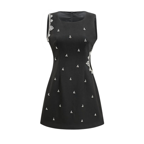 Angelina Dress - Sleeveless - Round Neck - Cut - Out Crystal Embellished Zip Thigh - Length