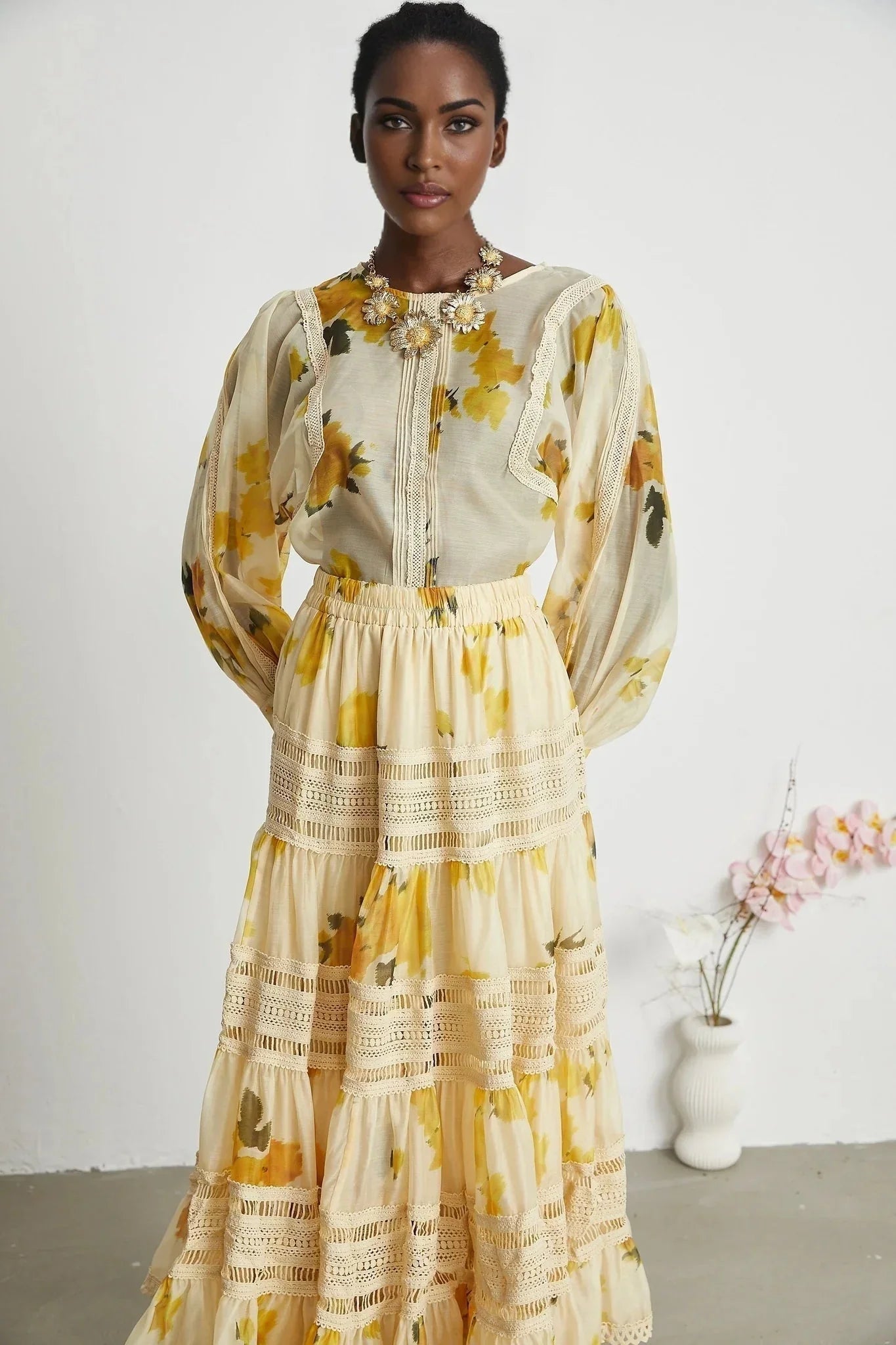 Angelina Floral Midi Dress - Round Neck Blouse - Buttoned Cuffs - Semi - Sheer with Rear Button Fastening and Lace Details