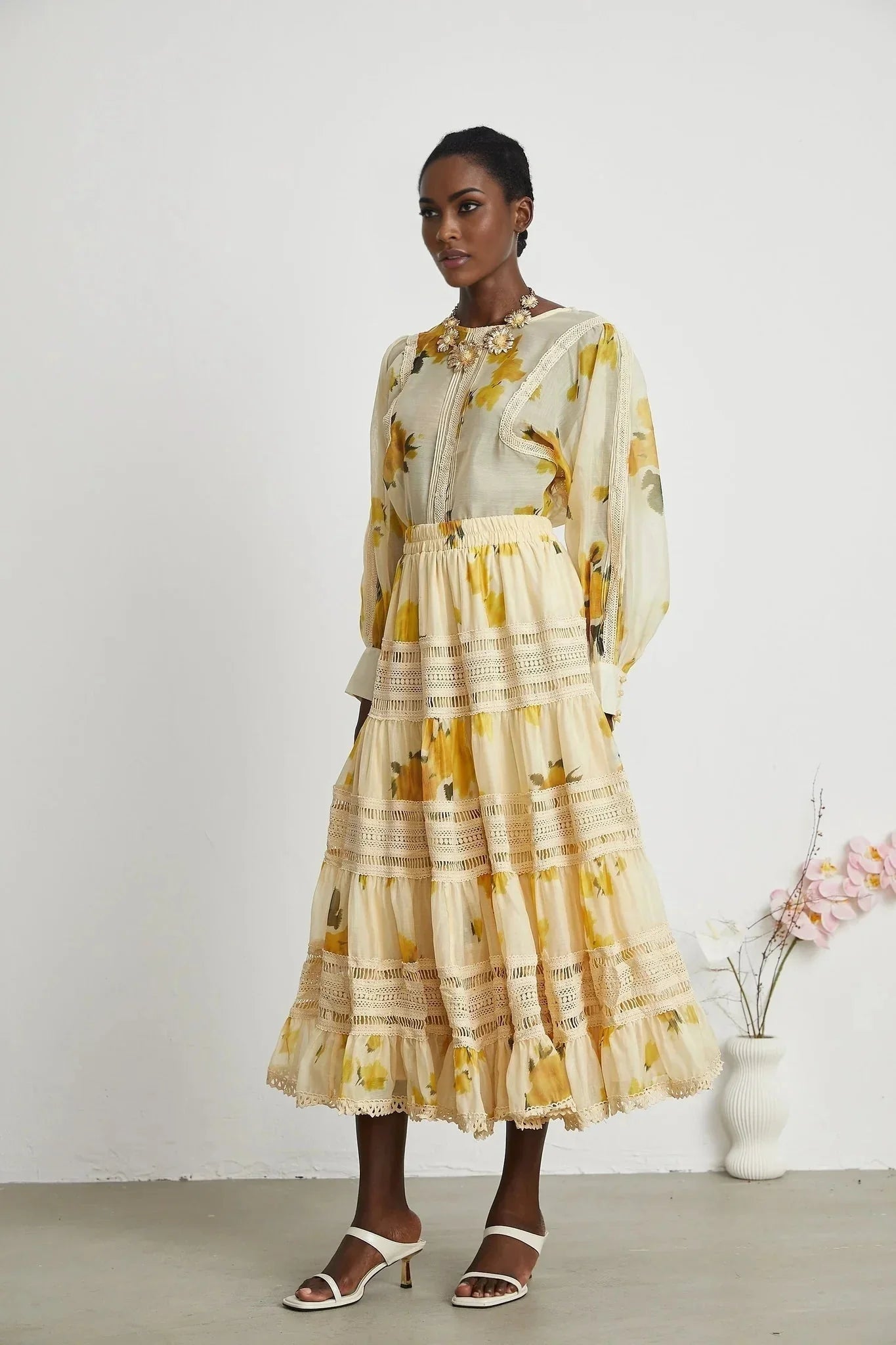 Angelina Floral Midi Dress - Round Neck Blouse - Buttoned Cuffs - Semi - Sheer with Rear Button Fastening and Lace Details