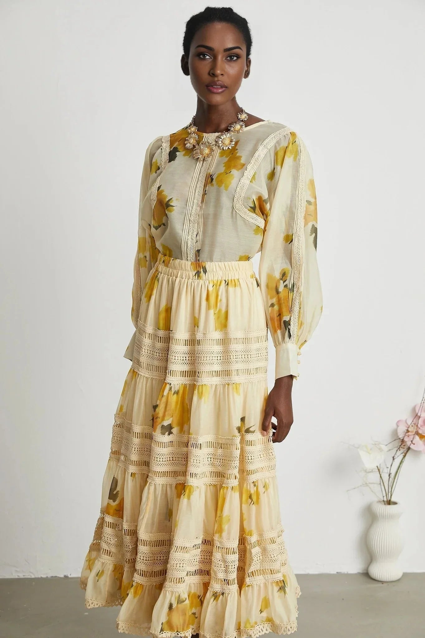 Angelina Floral Midi Dress - Round Neck Blouse - Buttoned Cuffs - Semi - Sheer with Rear Button Fastening and Lace Details