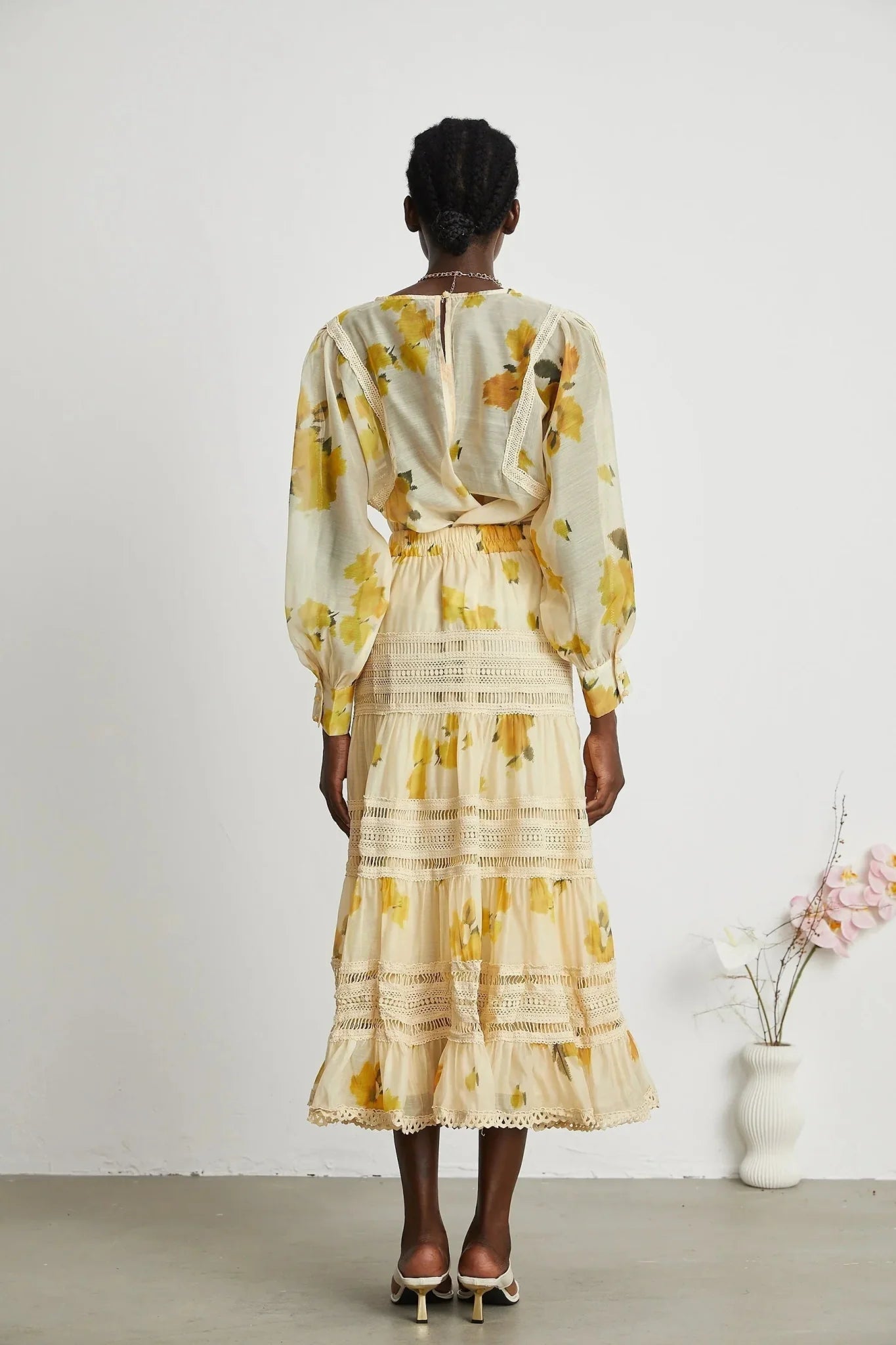 Angelina Floral Midi Dress - Round Neck Blouse - Buttoned Cuffs - Semi - Sheer with Rear Button Fastening and Lace Details