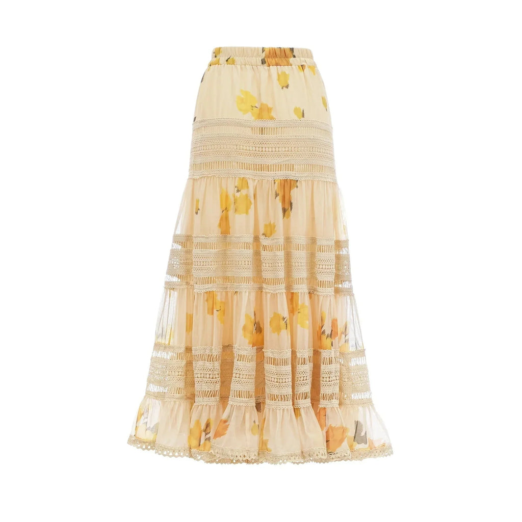 Angelina Floral Midi Dress - Round Neck Blouse - Buttoned Cuffs - Semi - Sheer with Rear Button Fastening and Lace Details