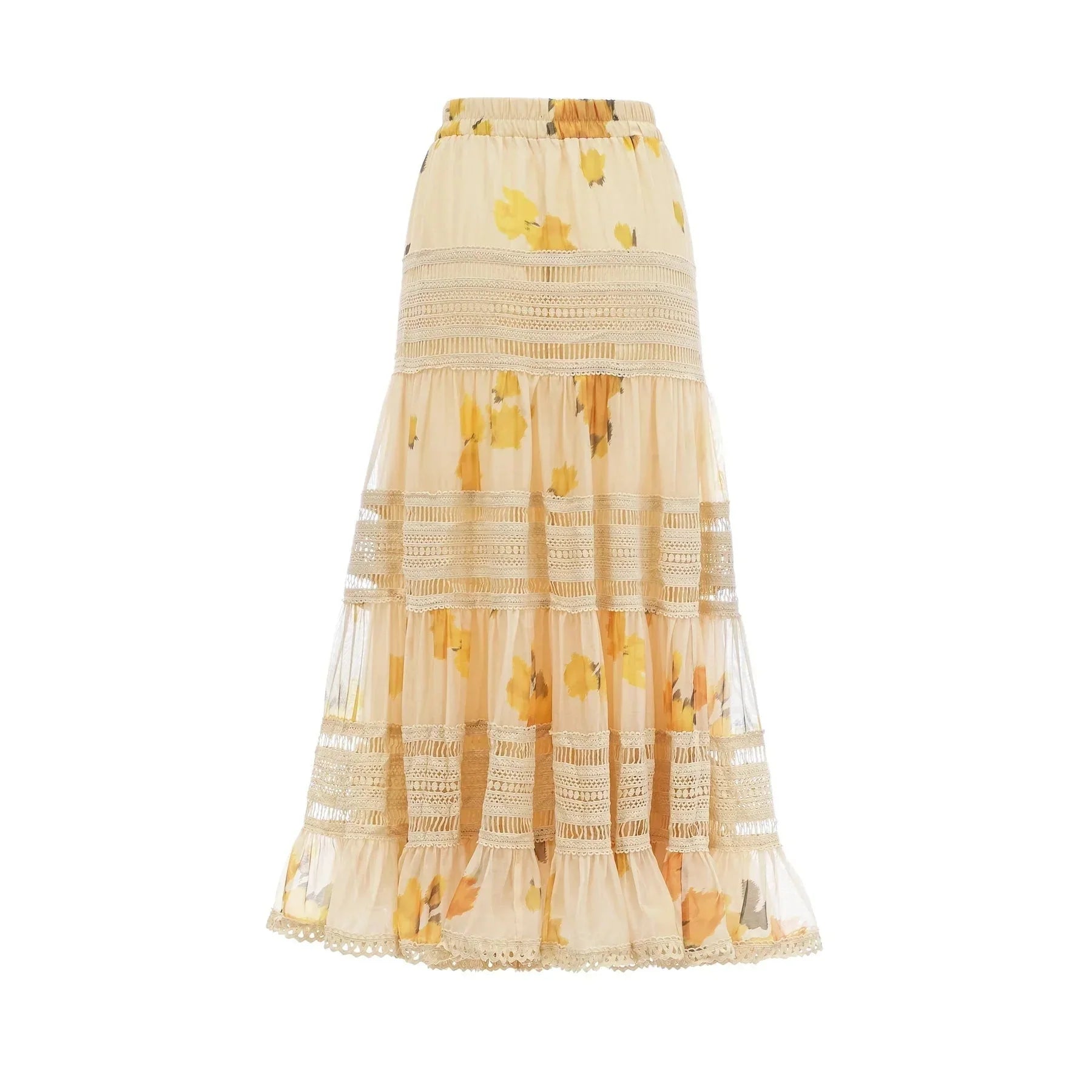 Angelina Floral Midi Dress - Round Neck Blouse - Buttoned Cuffs - Semi - Sheer with Rear Button Fastening and Lace Details