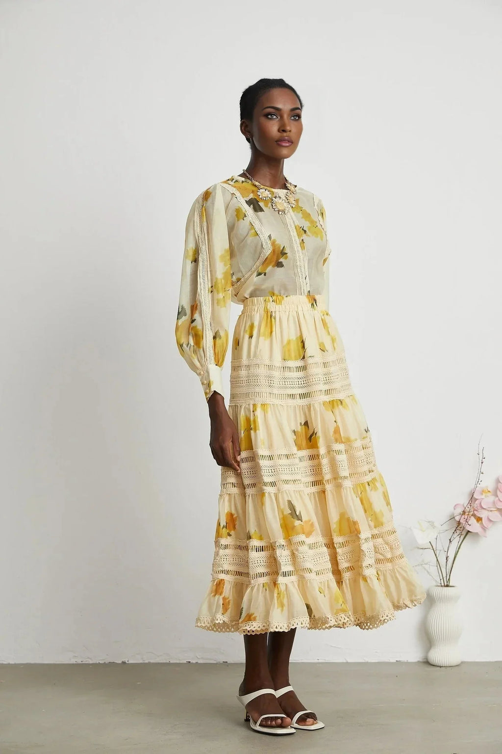 Angelina Floral Midi Dress - Round Neck Blouse - Buttoned Cuffs - Semi - Sheer with Rear Button Fastening and Lace Details