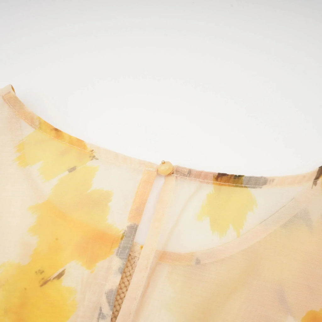 Angelina Floral Midi Dress - Round Neck Blouse - Buttoned Cuffs - Semi - Sheer with Rear Button Fastening and Lace Details